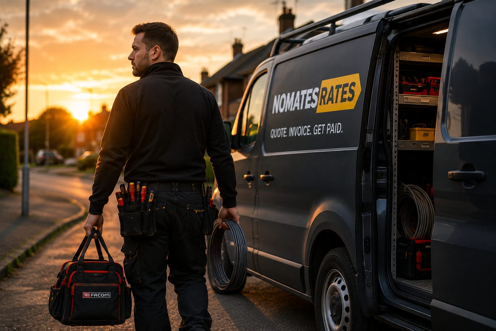 Electrician heading to a job beside a branded Nomates Rates work van