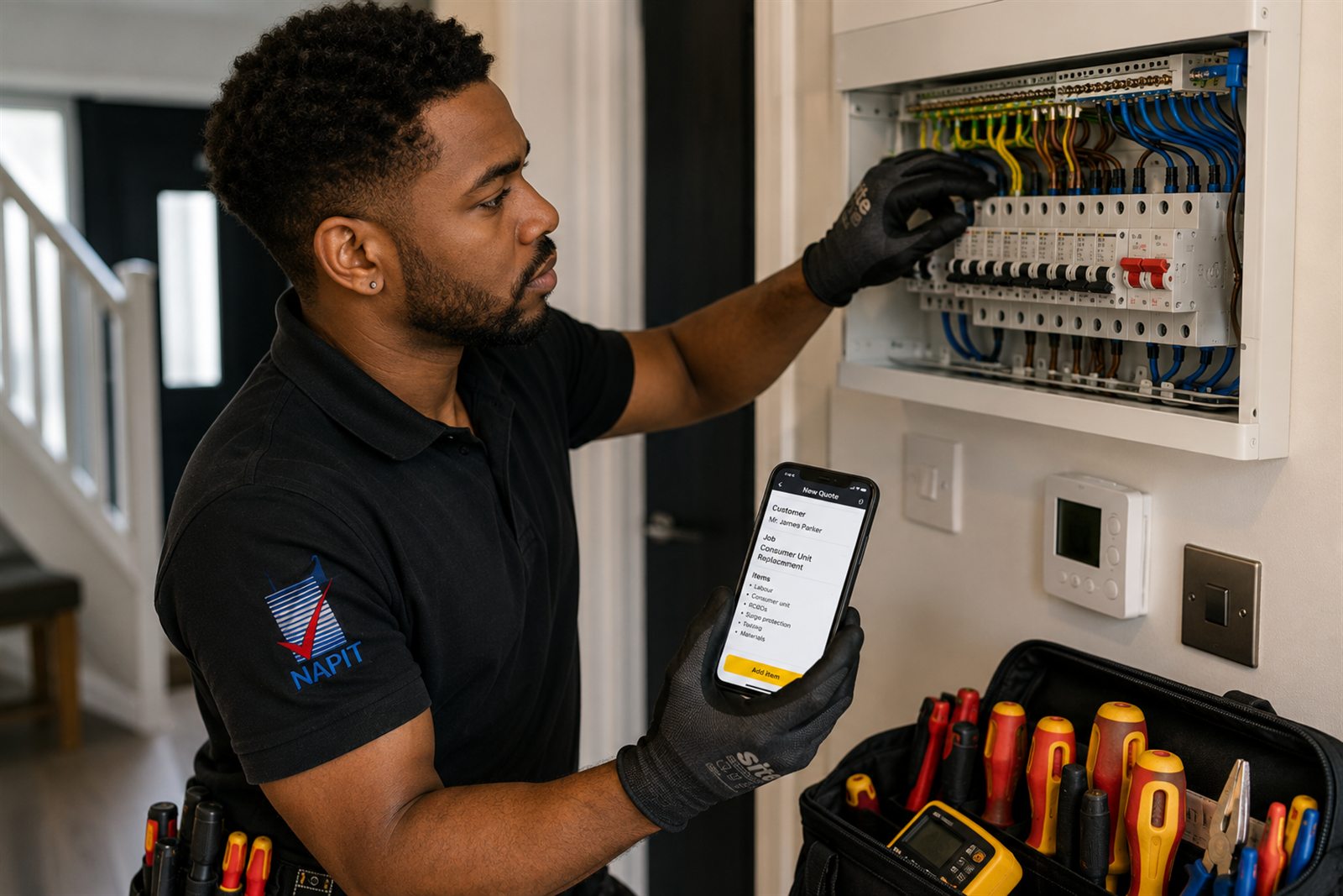Electrician building a consumer-unit quote on his phone while working on site