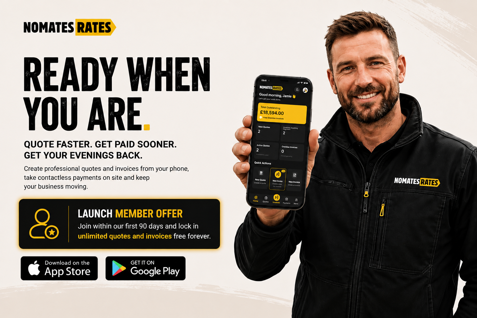 A Nomates Rates tradesman facing the viewer and holding a phone showing the genuine app dashboard.