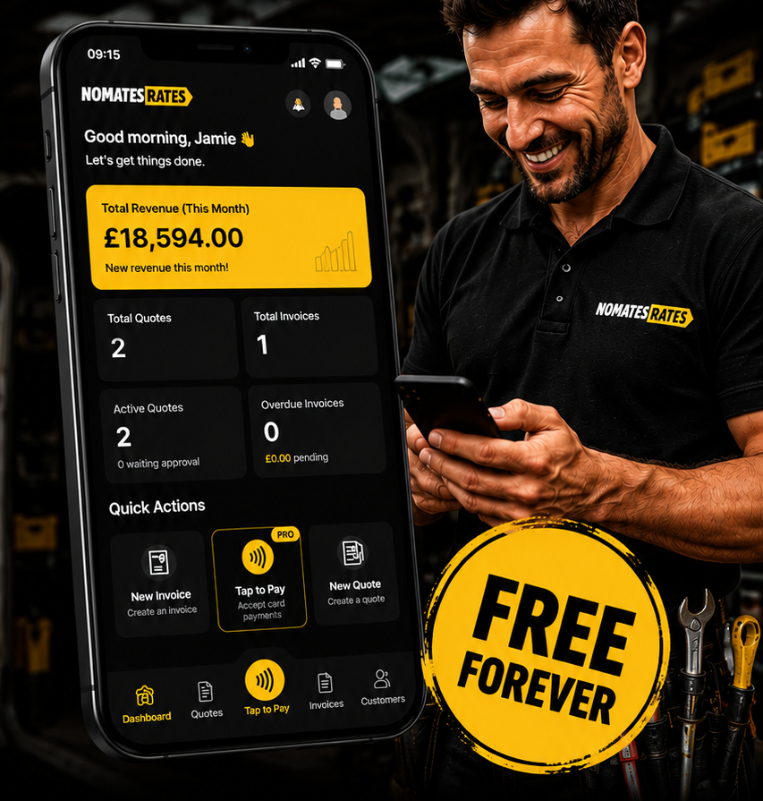 The Nomates Rates mobile app dashboard beside a UK tradesperson.