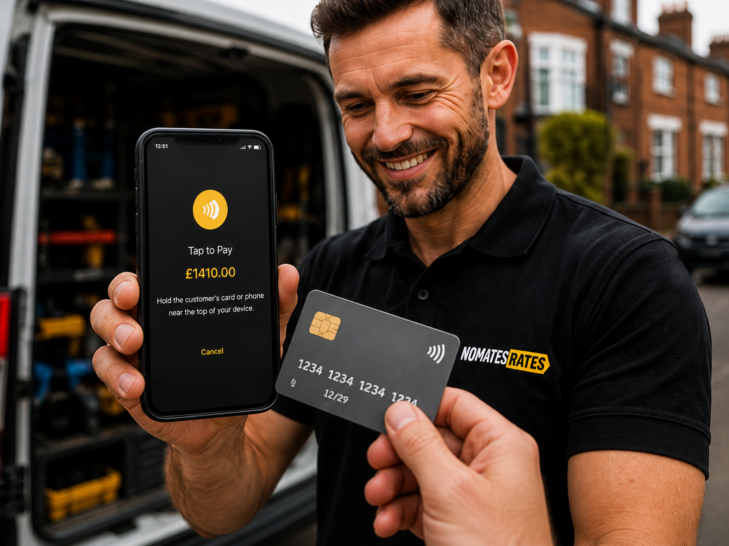 A tradesperson taking a contactless payment through Nomates Rates.