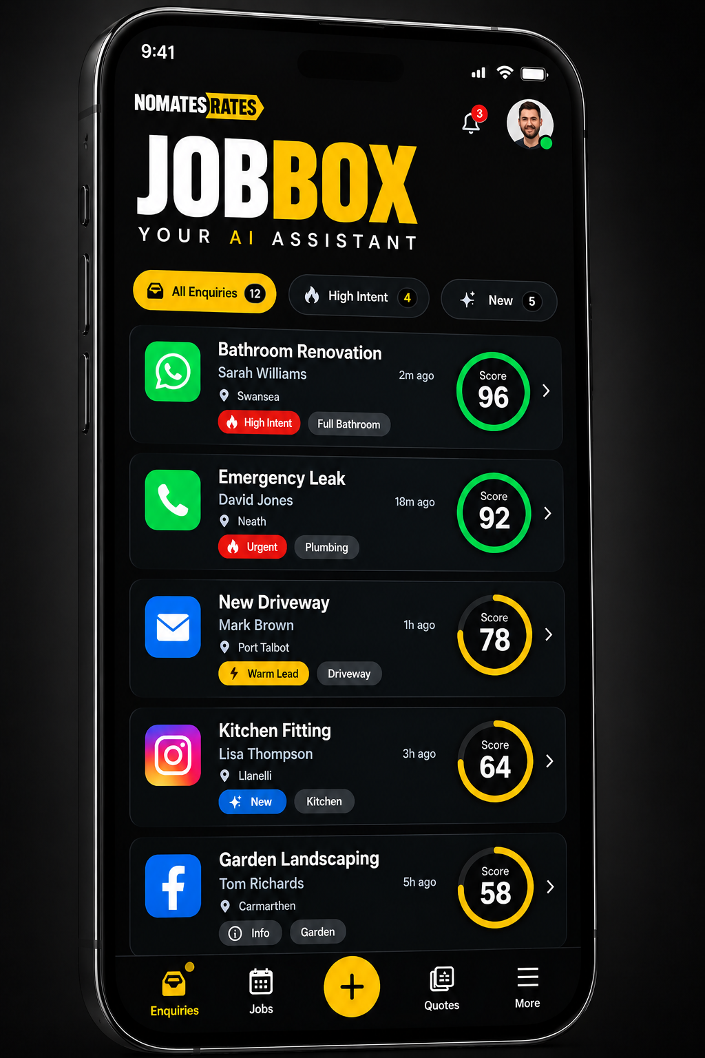 JobBox enquiry dashboard showing incoming work from WhatsApp, calls, email and social channels, ranked by opportunity score.
