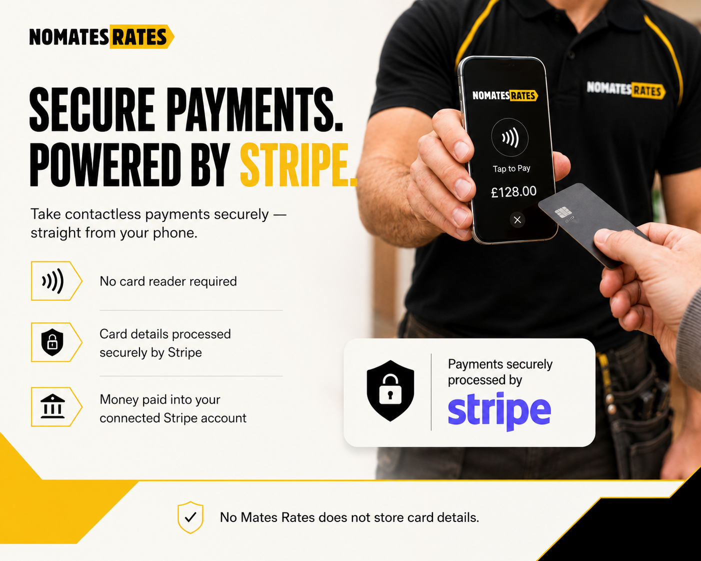 A Nomates Rates tradesperson taking a secure contactless card payment on a phone.