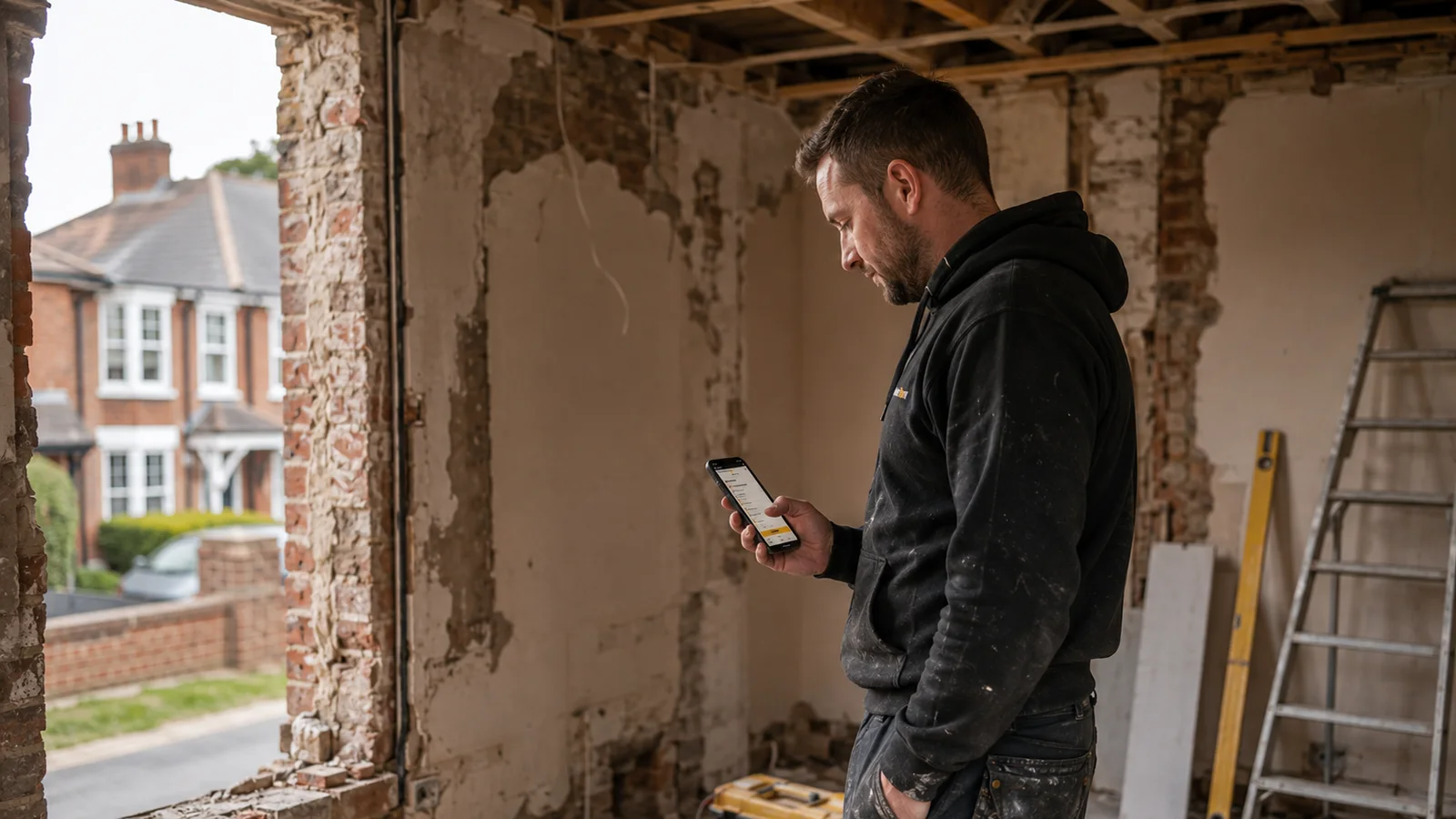 A tradesperson checking a quote on his phone inside a residential renovation.