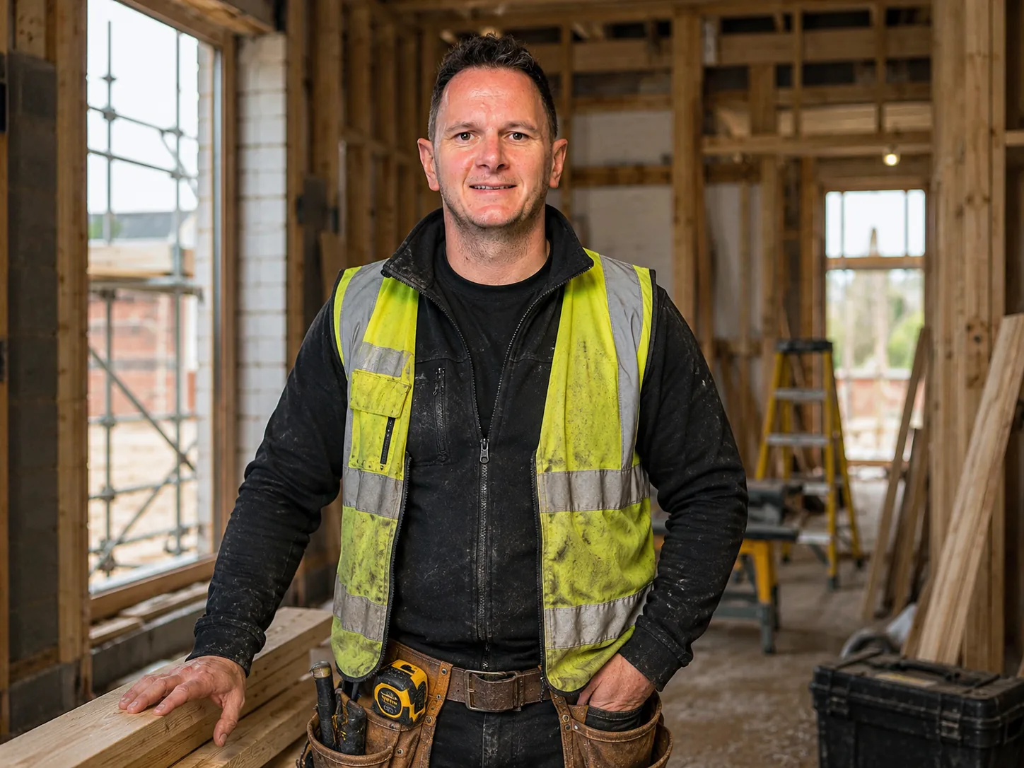 Jamie Stephens wearing workwear inside a residential building project.