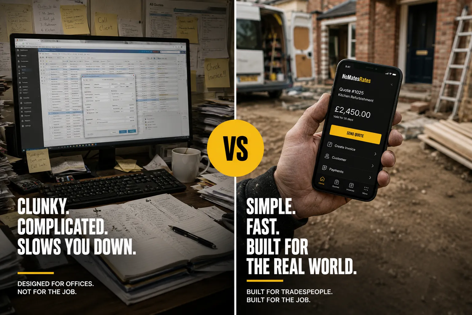 Cluttered desktop quoting software compared with the simple Nomates Rates phone app being used on a residential job.